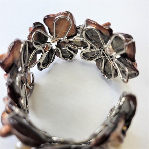 Dark Brown Cuff Bracelet with Pearls and Dyed Mother Of Pearl Shell Bangle -NEW - Picture 8 of 15